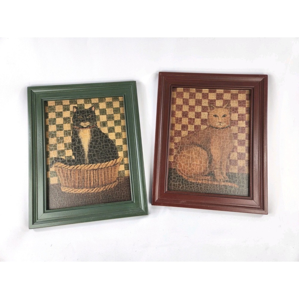 Rare Vintage David Carter Brown Framed Cats Norman & Sam Primitive Art Orange